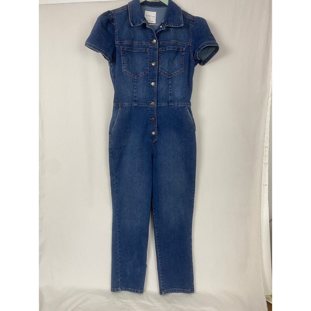 Celebrity Pink Denim Jumpsuit Womens M Blue Short Sleeve Button Front 29x27